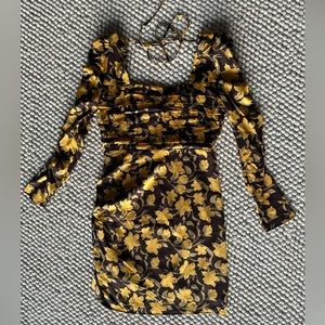Brown and yellow flower satin dress. Floret studios. Size medium.